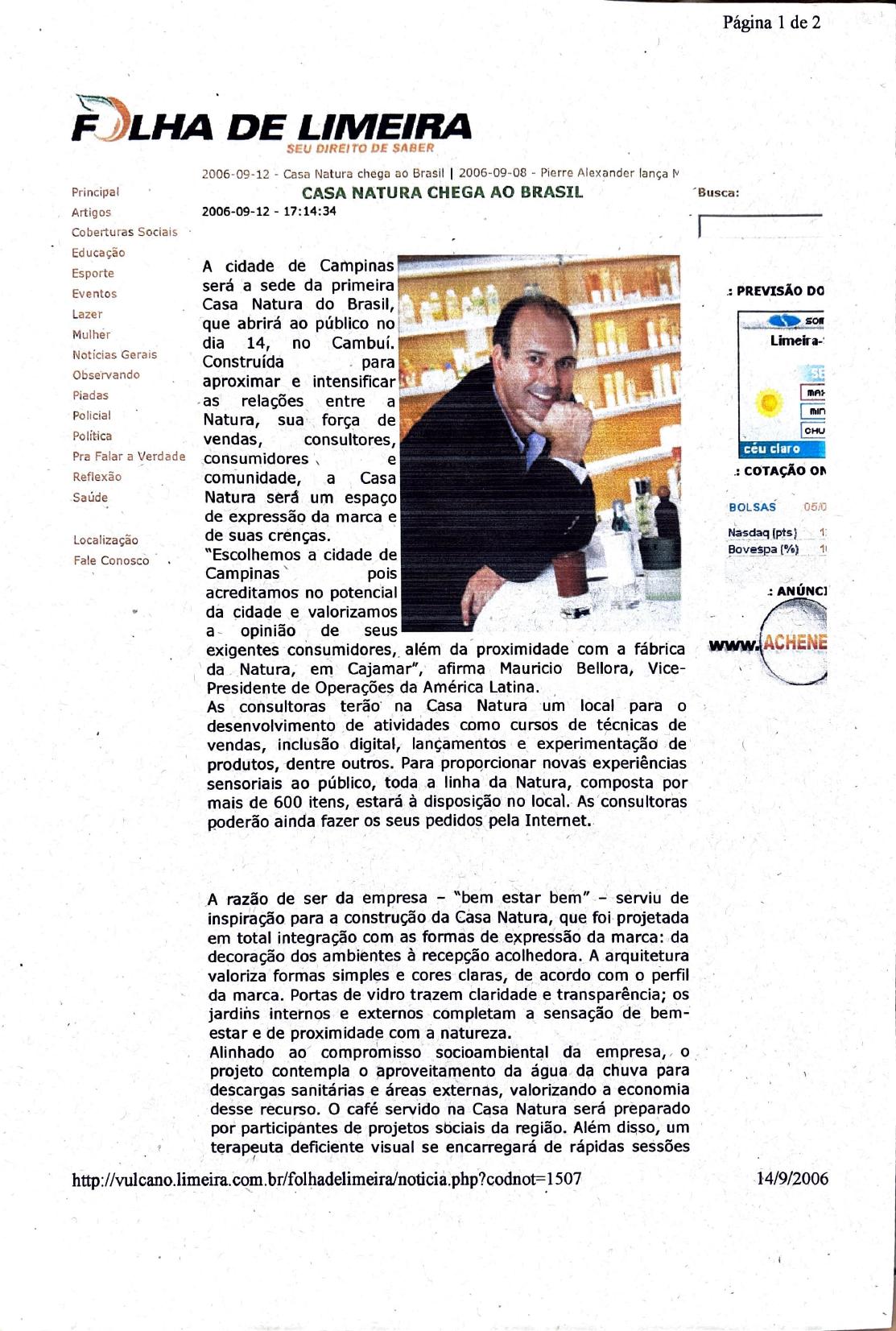 Folha de Limeira newspaper coverage of Casa Natura's arrival in Brazil