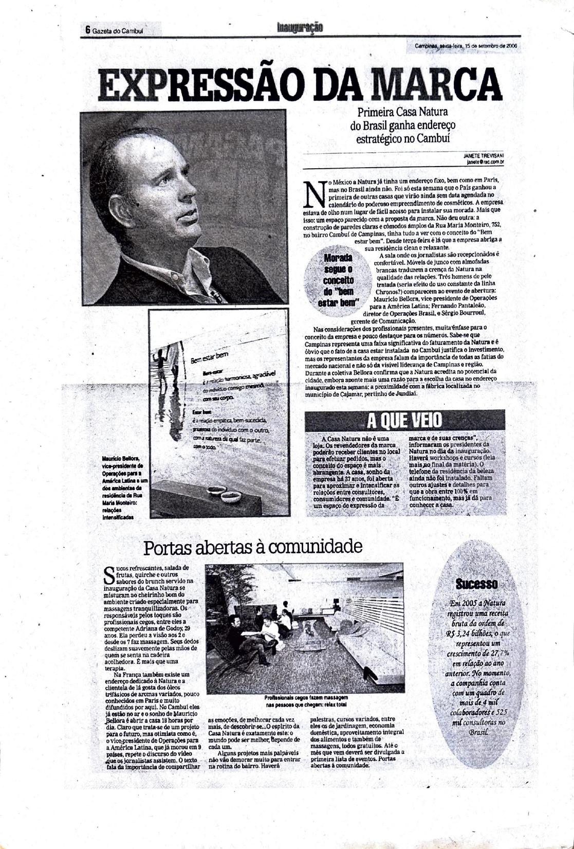 Gazeta do Cambuí newspaper coverage of the first Casa Natura opening in Campinas, Brazil, 2006
